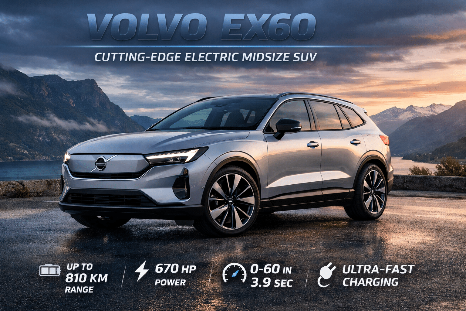 Volvo EX60 electric midsize SUV in metallic green shown in a clean cutout image, highlighting its sleek aerodynamic design, LED headlights, and modern alloy wheels.