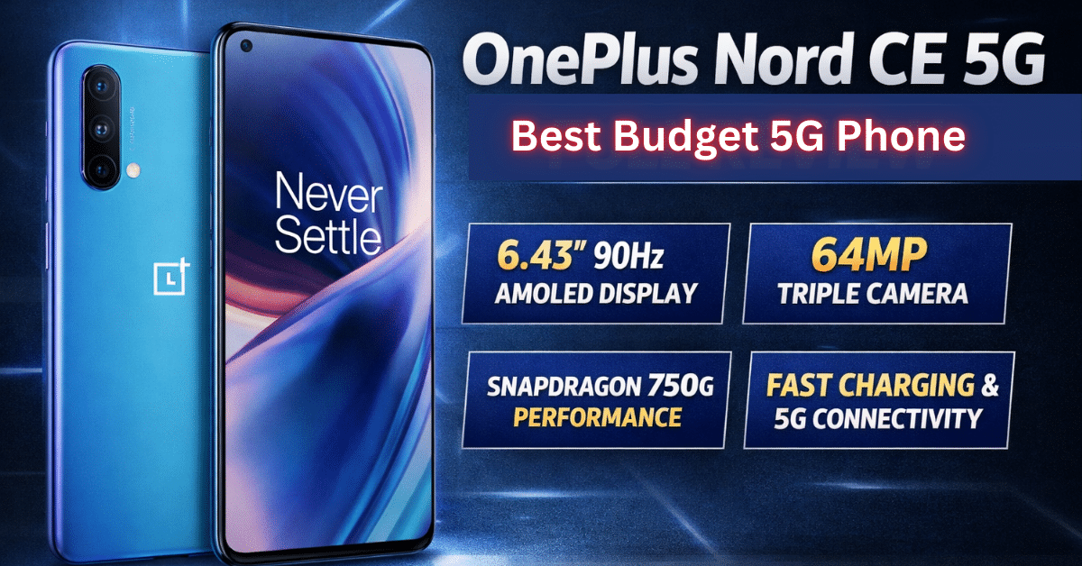 OnePlus Nord CE 5G smartphone showing front and back design with AMOLED display, triple camera, and key features highlighted