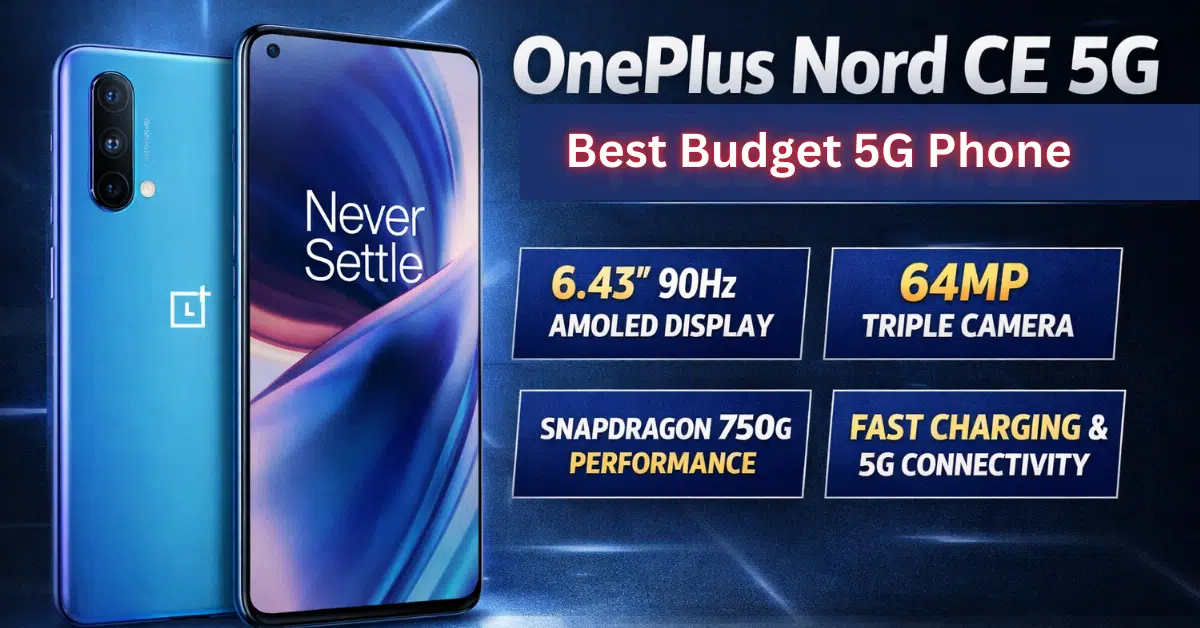 OnePlus Nord CE 5G smartphone showing front and back design with AMOLED display, triple camera, and key features highlighted