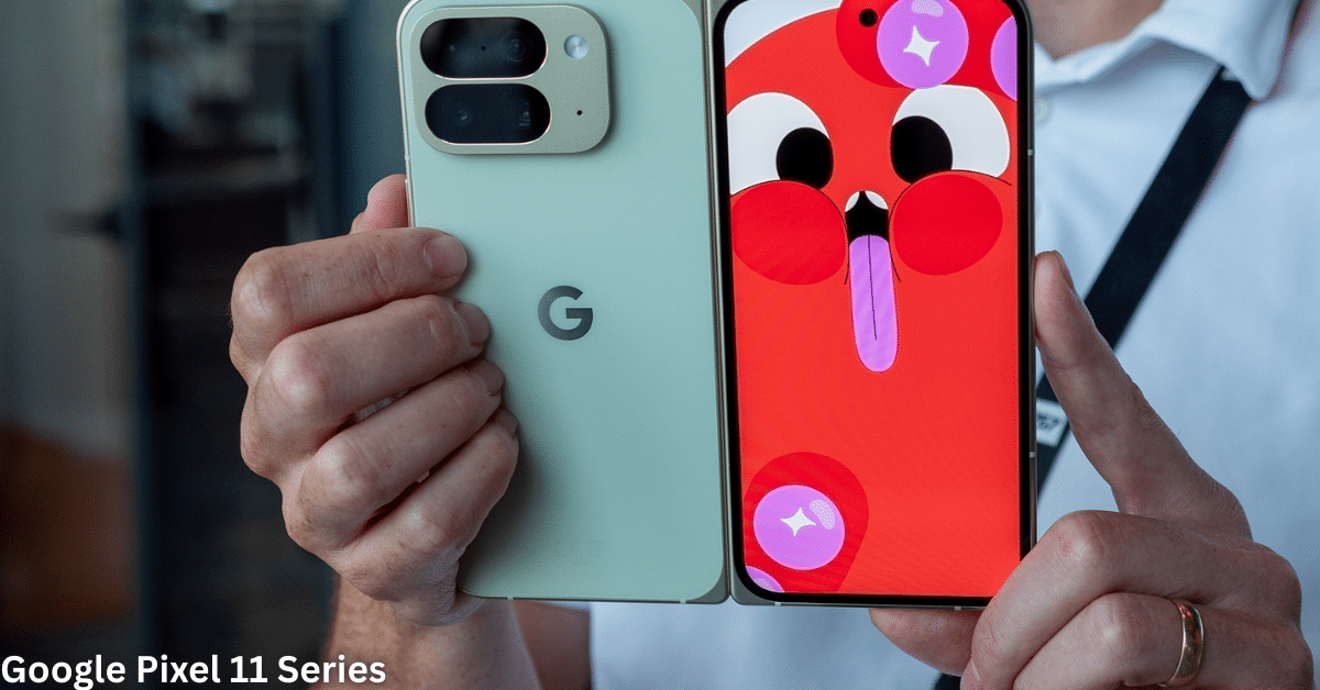 A hand holds two Google Pixel 11 series smartphones side by side: a mint-green model with a distinctive horizontal camera bar on the back and a vibrant, colorful display showing a playful cartoon character with big eyes, red cheeks, and a protruding tongue. The other phone mirrors the design in a matching green shade.​