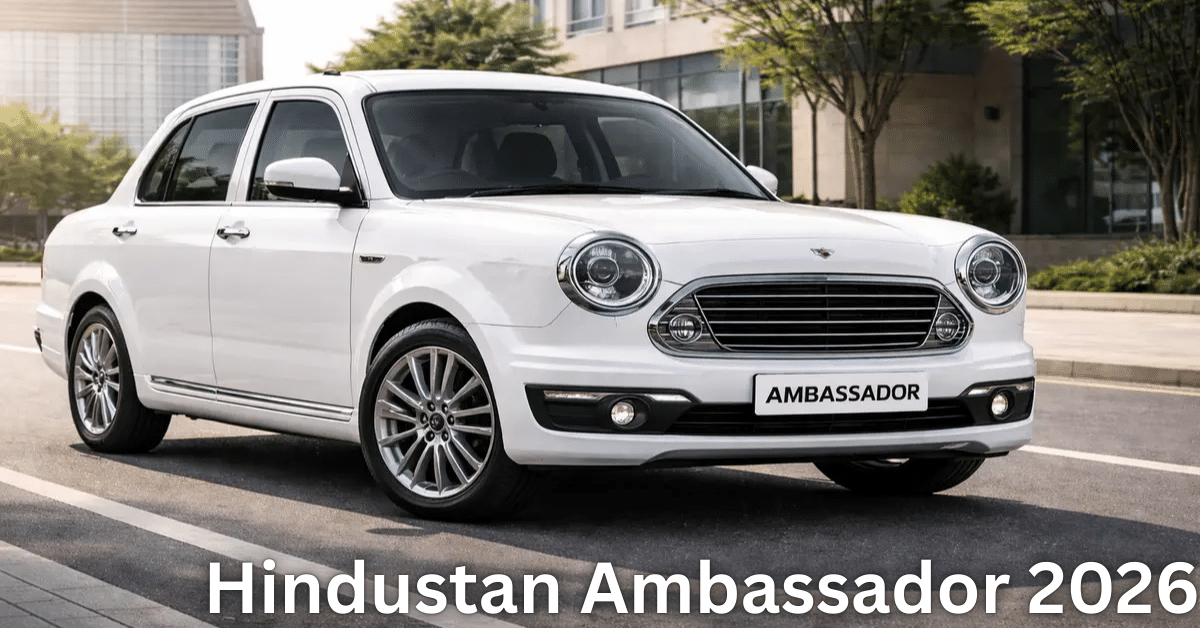 White Hindustan Ambassador 2026 sedan parked on a city street, featuring a modern retro-inspired design with round LED headlights, chrome grille, alloy wheels, and a premium finish.