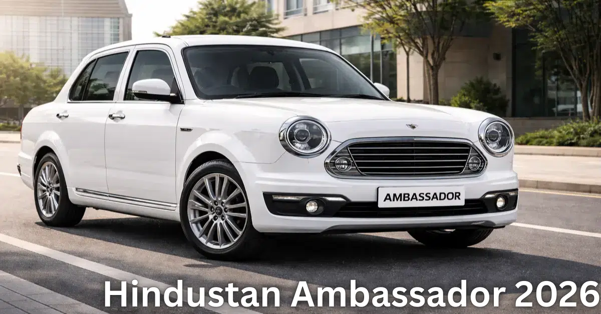 White Hindustan Ambassador 2026 sedan parked on a city street, featuring a modern retro-inspired design with round LED headlights, chrome grille, alloy wheels, and a premium finish.
