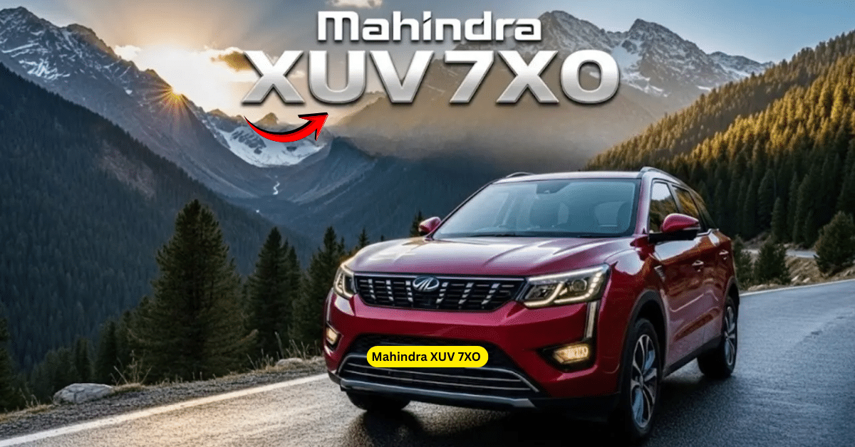 Mahindra XUV 7XO premium red SUV on mountain road with redesigned grille and turbo petrol engine power​
