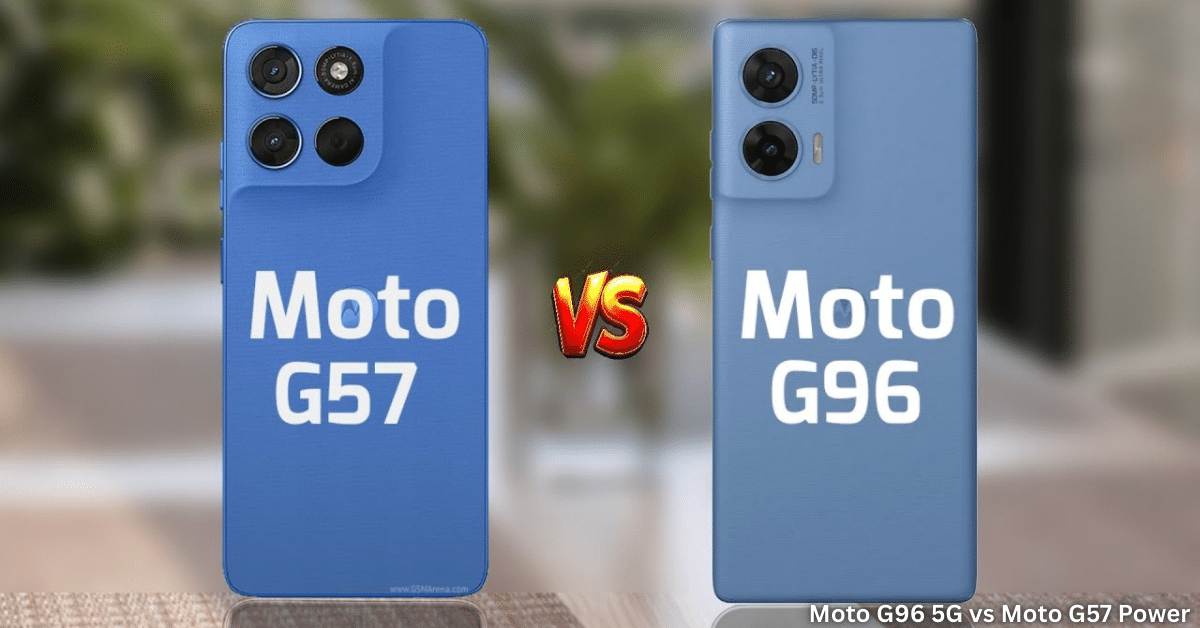 Alt Text: Moto G96 5G vs Moto G57 Power comparison image showing blue vegan leather rear panels side-by-side with triple cameras, Moto G57 Power on left and Moto G96 5G on right against green gradient background for budget 5G phones India showcase.​