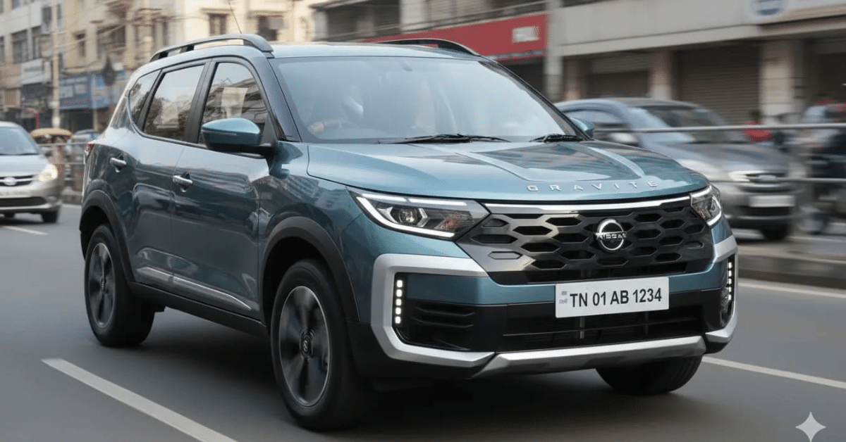 Alt Text Nissan Gravite MPV 2026 7-seater family car driving on Indian city roads – Compact Nissan MPV with V-Motion grille, LED headlights, alloy wheels, green paint, TN 01 AB 1234 plate, urban traffic background