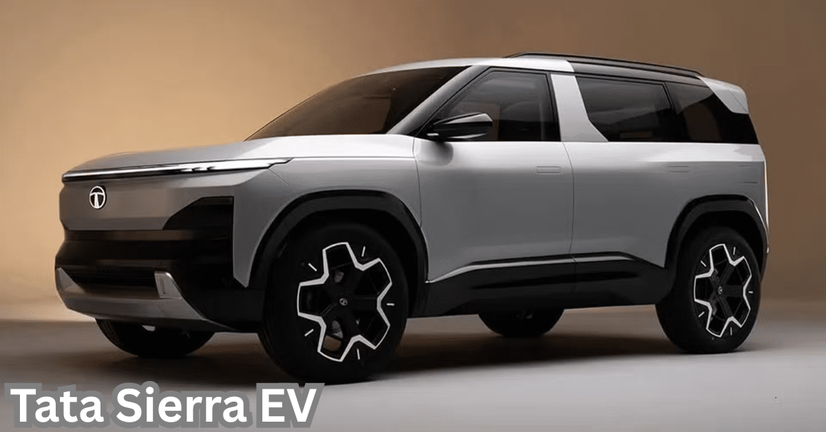 Tata Sierra EV electric SUV concept in silver finish showcasing boxy retro design with modern LED lights, aerodynamic wheels, and Tata logo ahead of 2026 India launch.