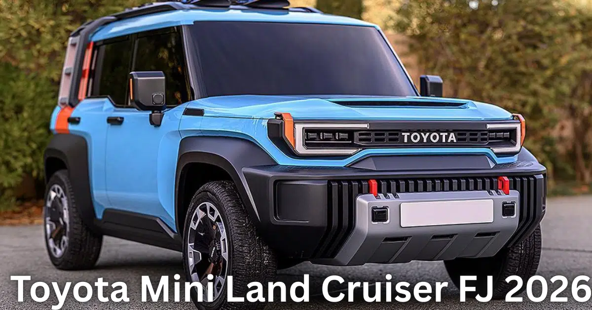 A blue Toyota Mini Land Cruiser FJ 2026 parked outdoors, showing a rugged front design with bold grille, chunky tires, and compact off-road styling.