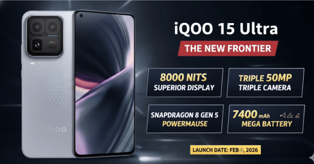iQOO 15 Ultra smartphone showing front display and rear camera module with highlighted features including high brightness display, triple camera system, Snapdragon chipset, and large battery