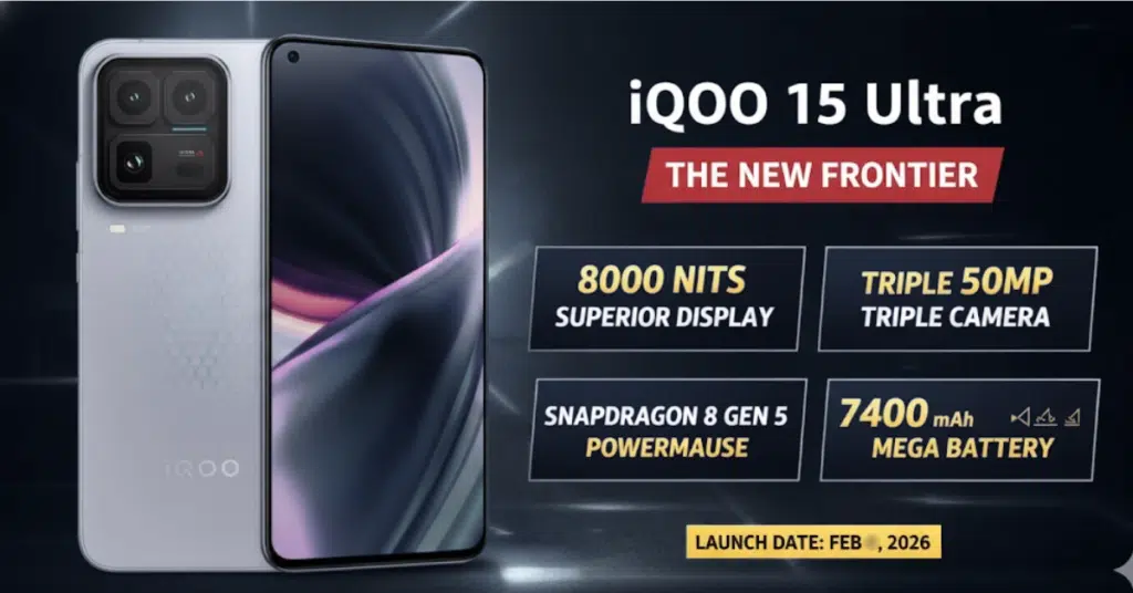 iQOO 15 Ultra smartphone showing front display and rear camera module with highlighted features including high brightness display, triple camera system, Snapdragon chipset, and large battery